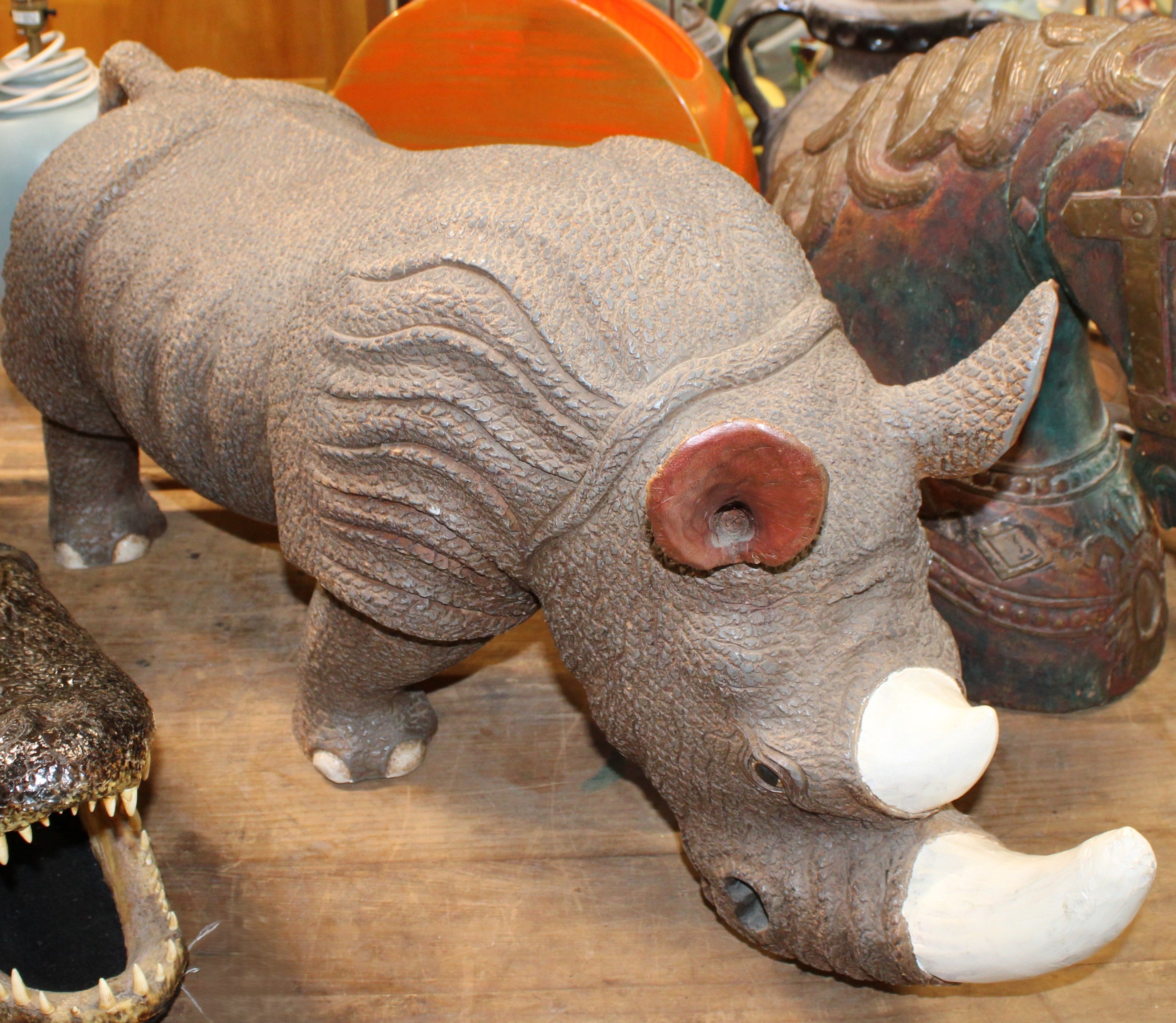 Large Wooden Single Piece Carved Rhino