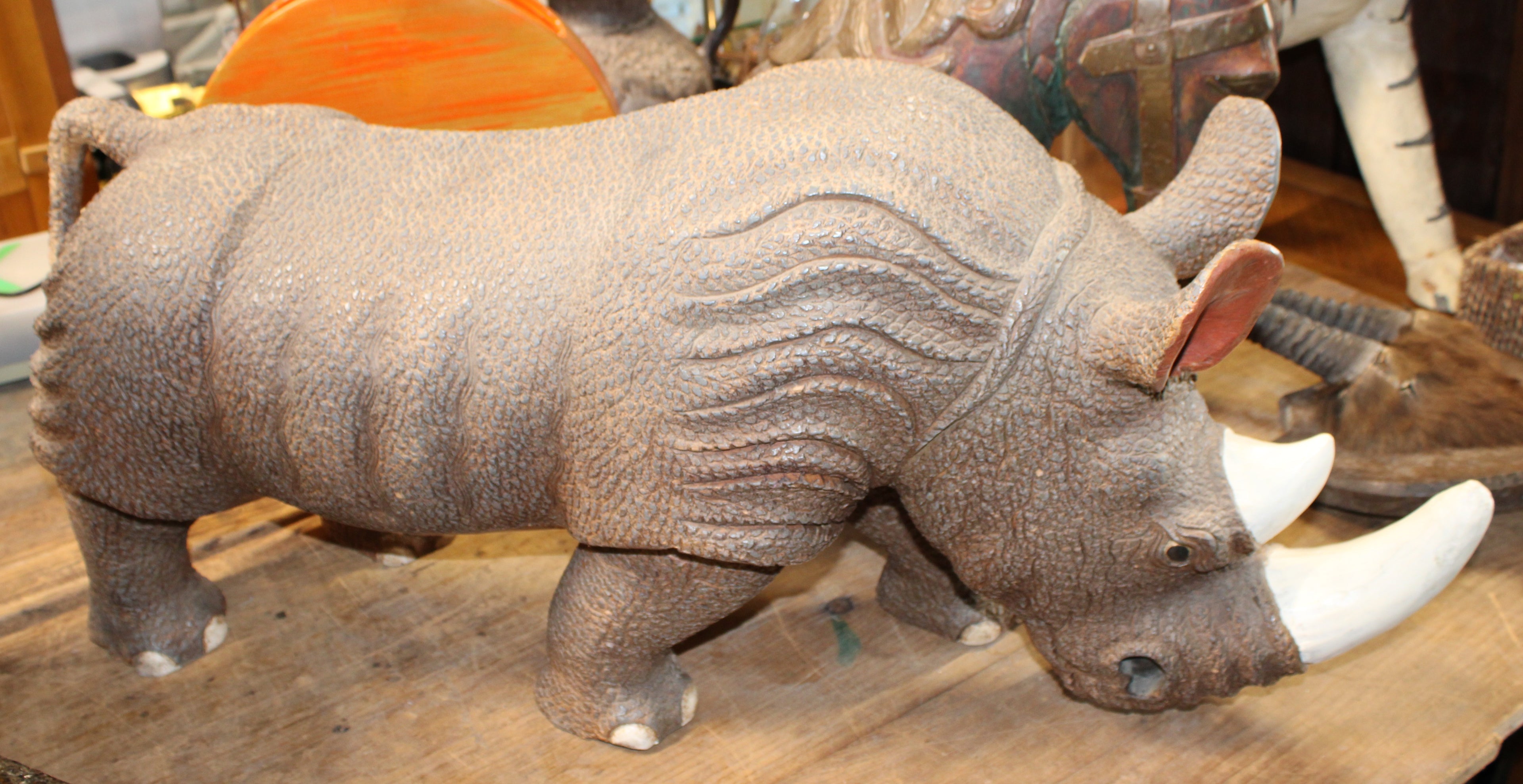 Large Wooden Single Piece Carved Rhino
