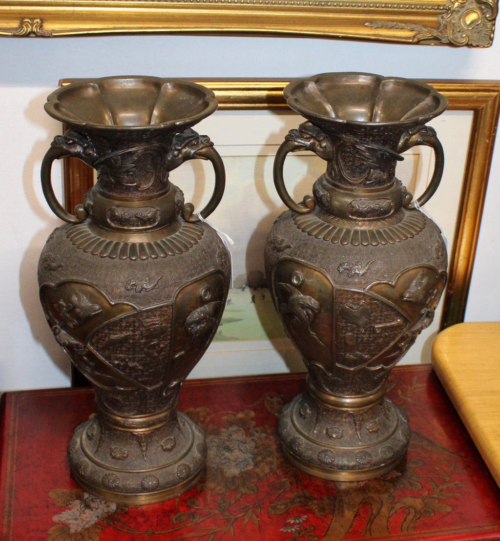 Pair of Bronze Highly Decorative Urns - 40cm Tall