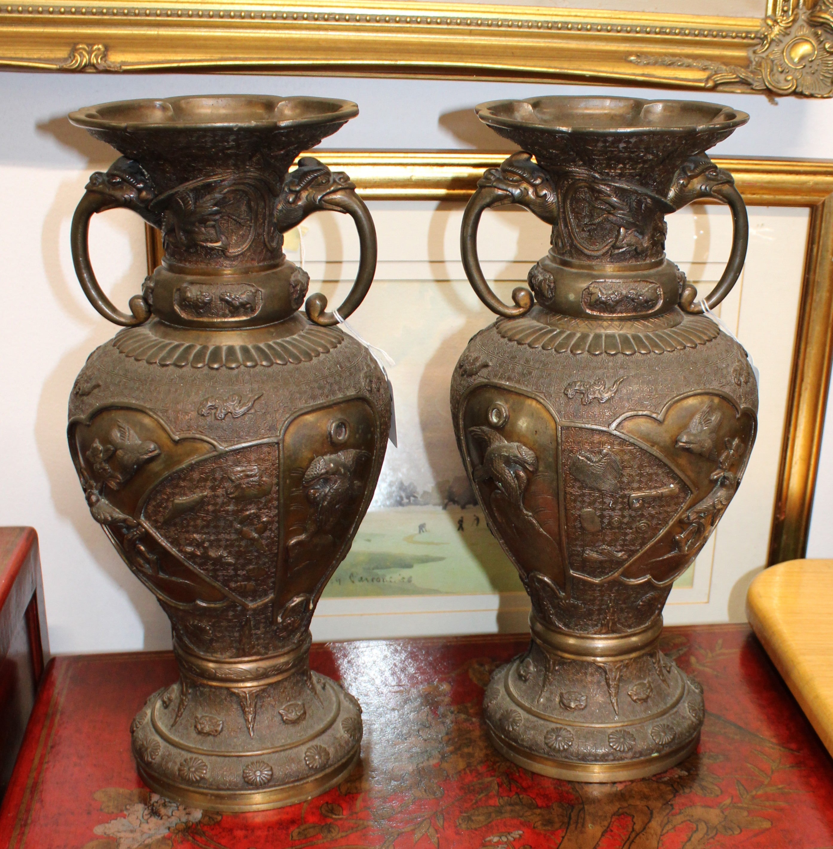 Pair of Bronze Highly Decorative Urns - 40cm Tall