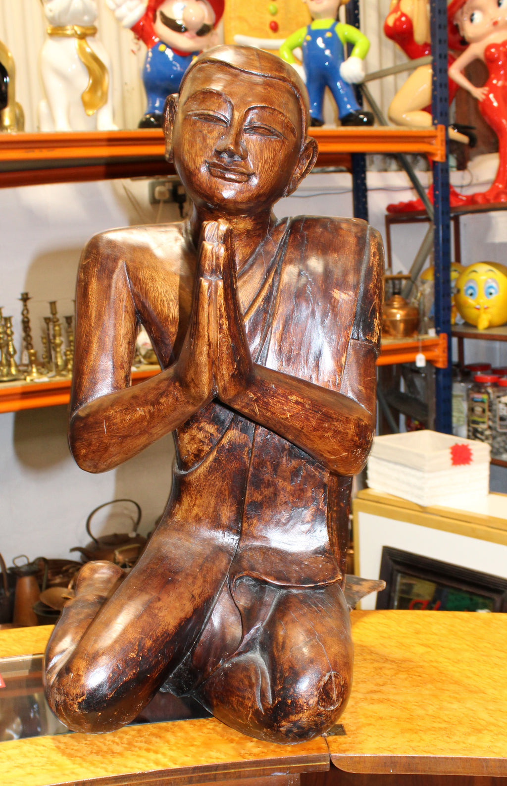 Wooden Hardwood Carved Monk Figure - Sits 65cm Tall