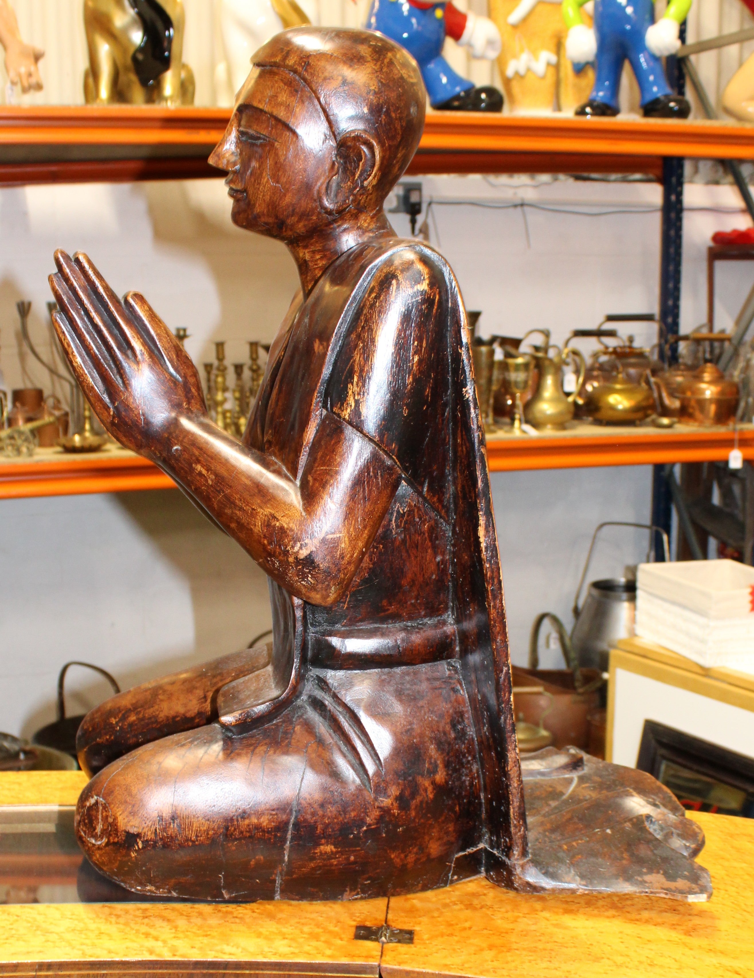 Wooden Hardwood Carved Monk Figure - Sits 65cm Tall