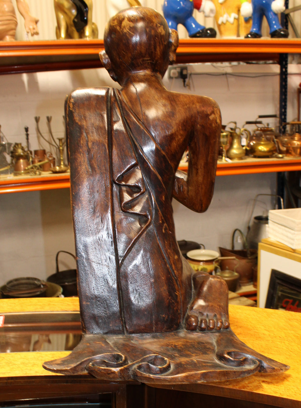 Wooden Hardwood Carved Monk Figure - Sits 65cm Tall