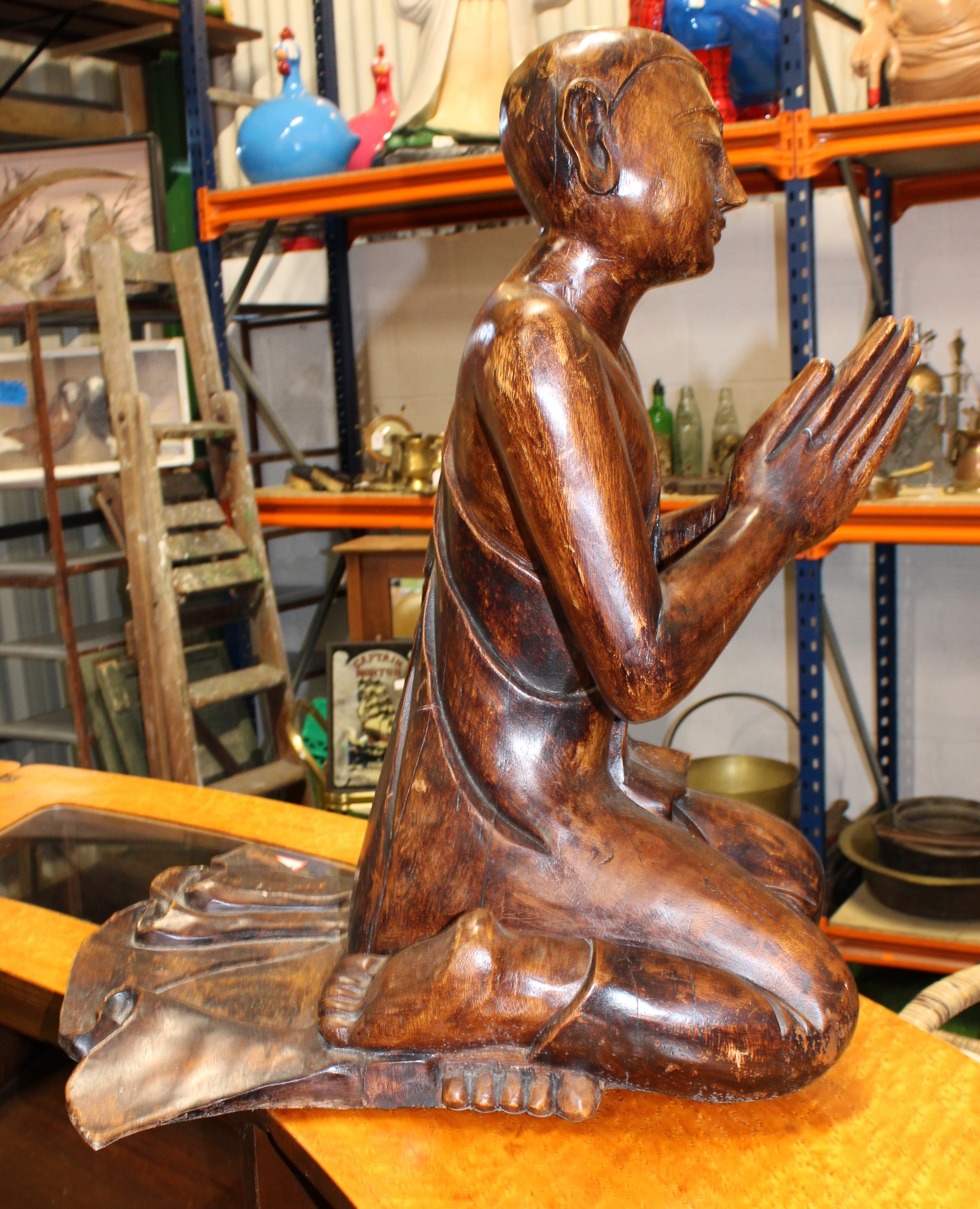 Wooden Hardwood Carved Monk Figure - Sits 65cm Tall