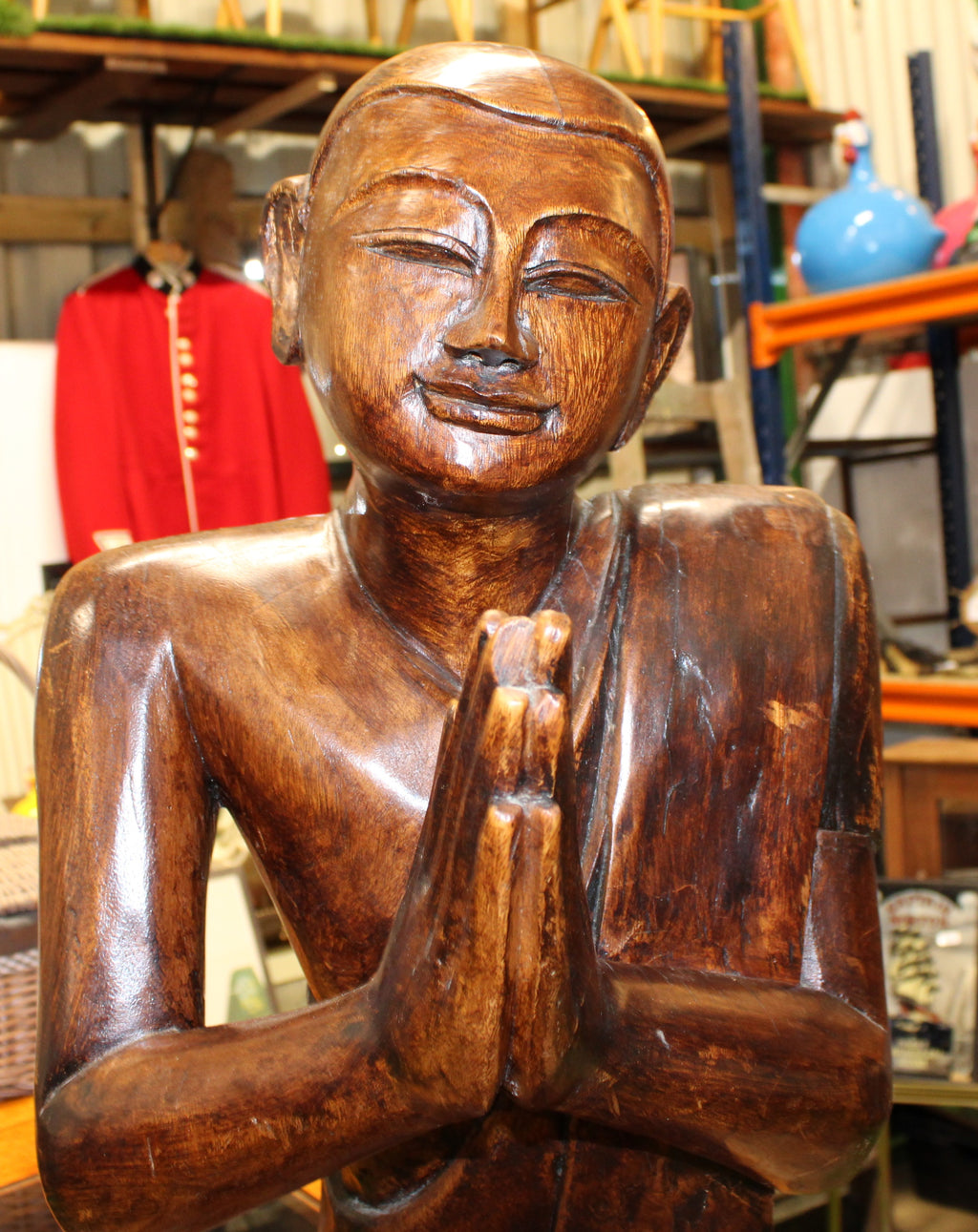 Wooden Hardwood Carved Monk Figure - Sits 65cm Tall