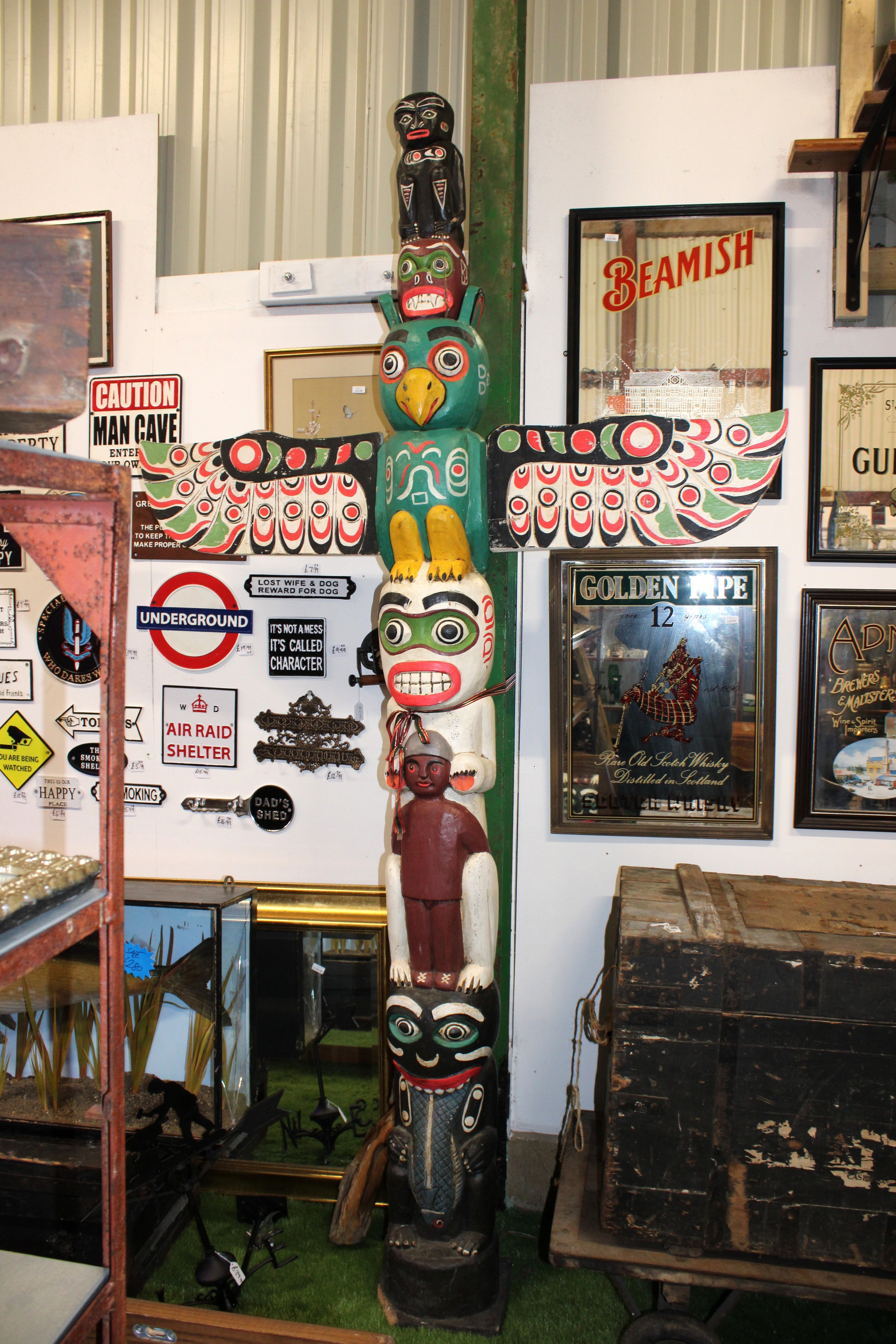 Wooden Painted Totem Pole - Stands 240cm x 140cm Approx