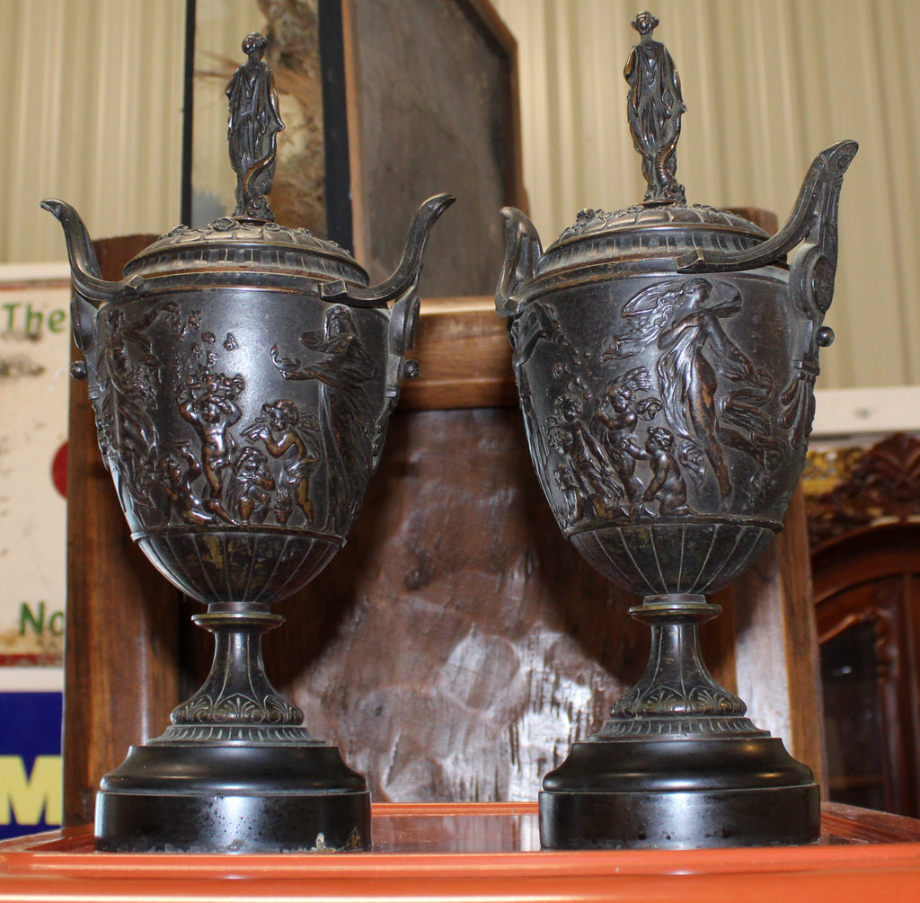 Pair Of Stunning Bronze Urns with Lids - Both Stand 30cm Tall