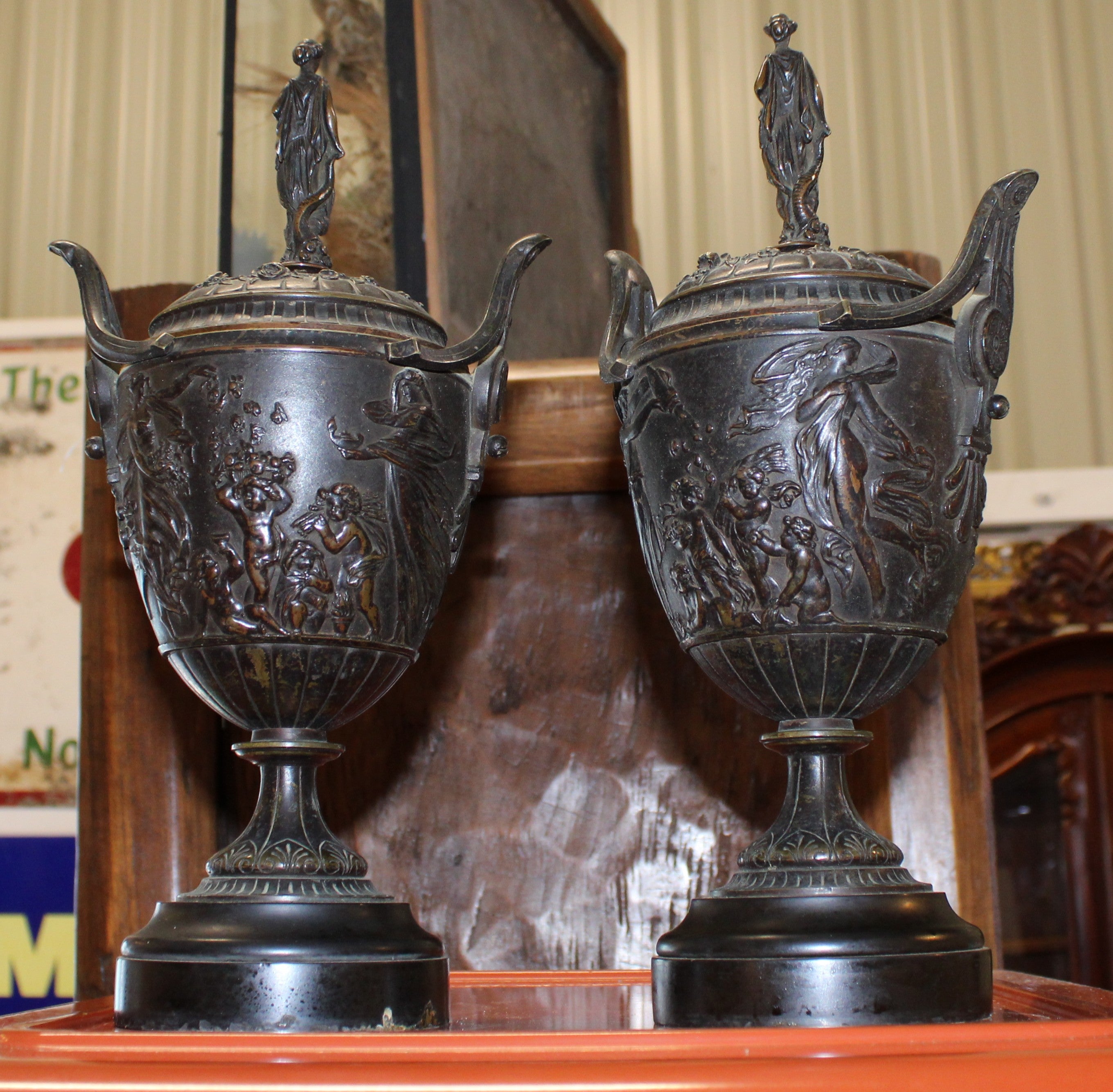 Pair Of Stunning Bronze Urns with Lids - Both Stand 30cm Tall
